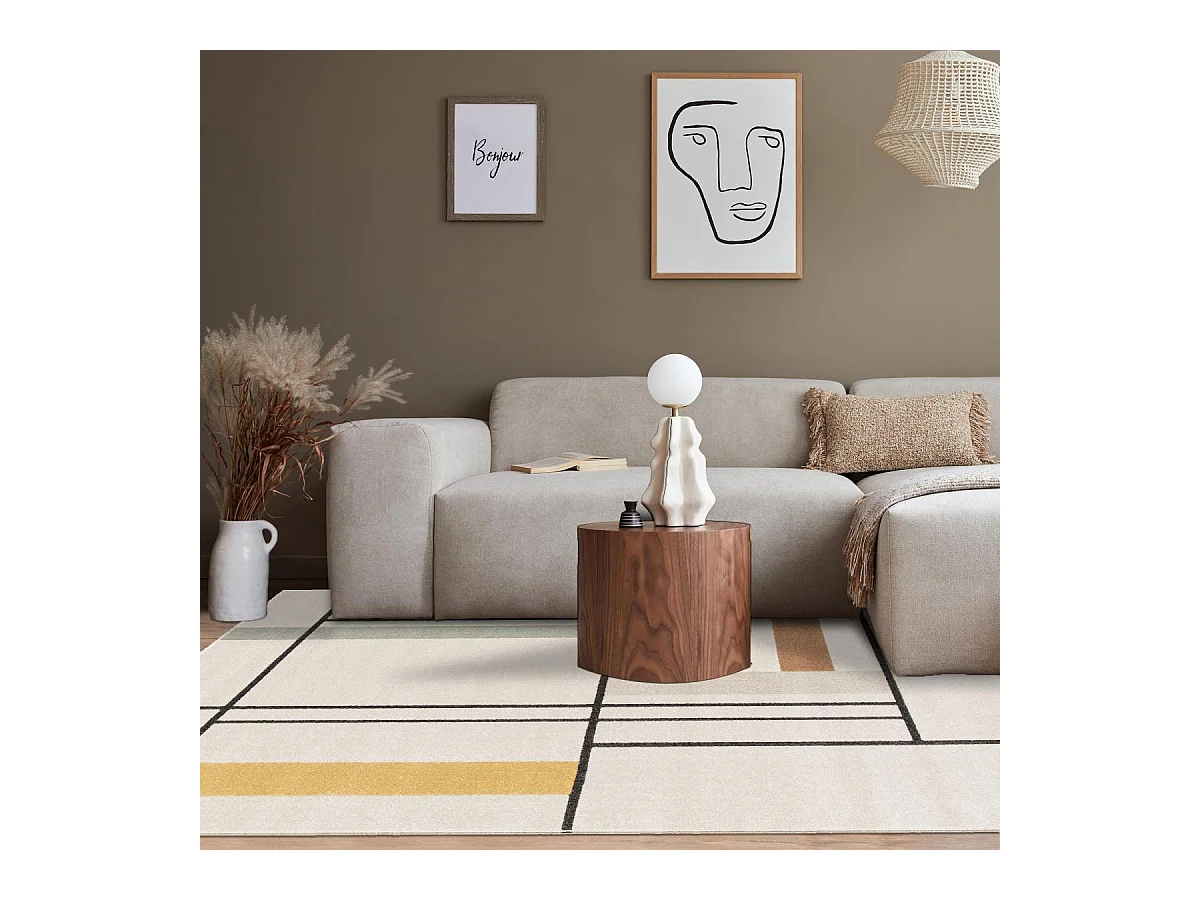 tapis salle à manger 160x230 tissé beige et jaune motif géométrique