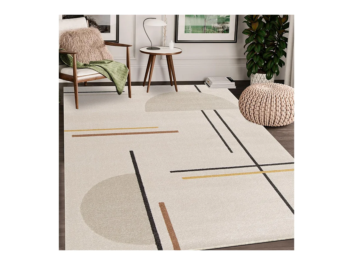 tapis salle à manger 160x230 tissé beige et jaune motif géométrique