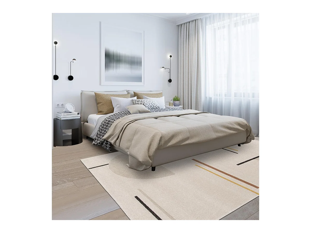 tapis salle à manger 160x230 tissé beige et jaune motif géométrique