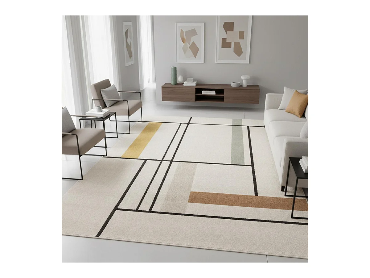 tapis salon 200x290 tissé beige et jaune rectangle motif géométrique CONTEMREC