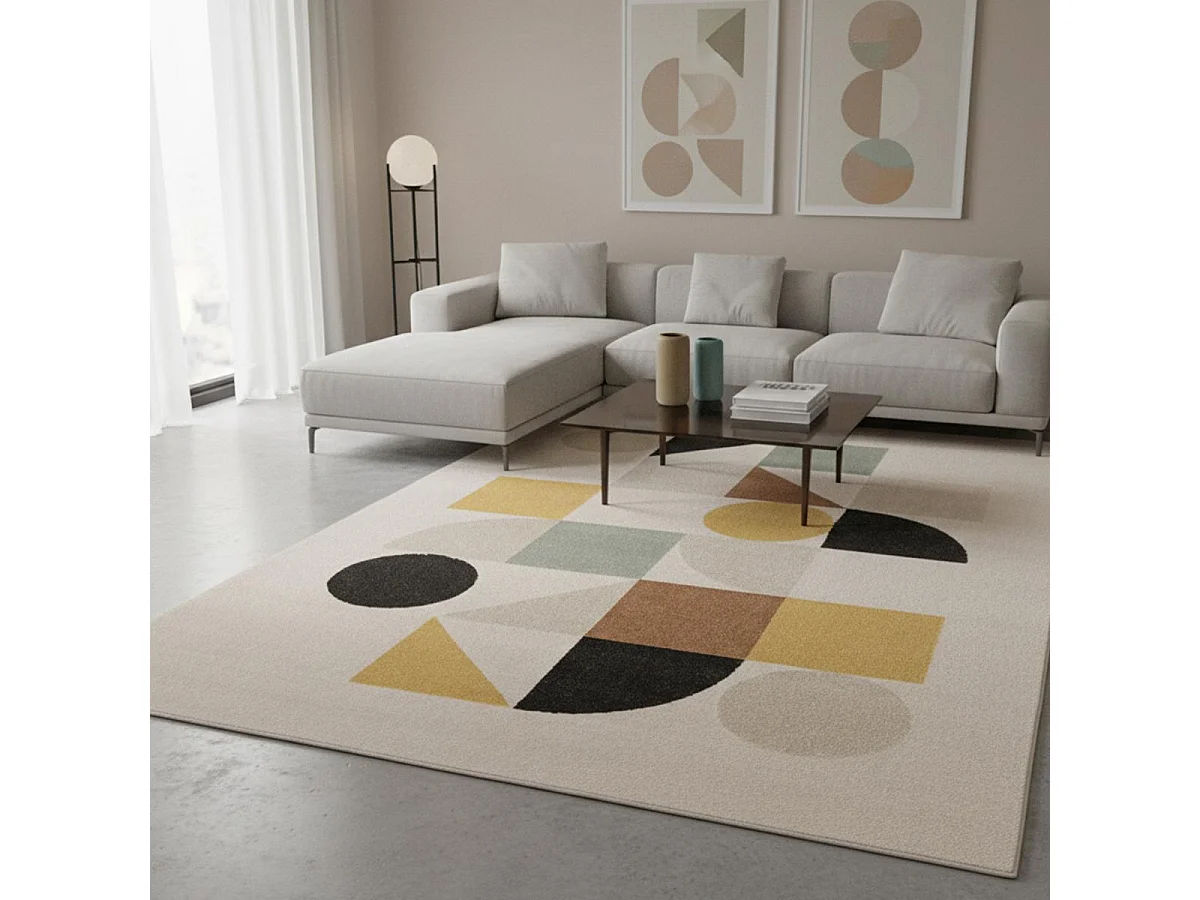 tapis chambre 120x170 tissé beige et jaune rectangle motif géométrique