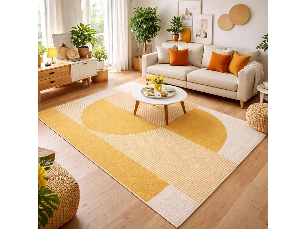 tapis salon 160x230 tissé beige et jaune rectangle motif géométrique CONTUNI
