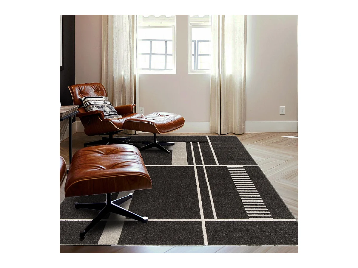tapis salle à manger 160x230 tissé noir et beige rectangle motif géométrique