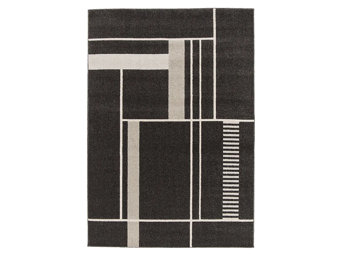 tapis salle à manger 160x230 tissé noir et beige rectangle motif géométrique