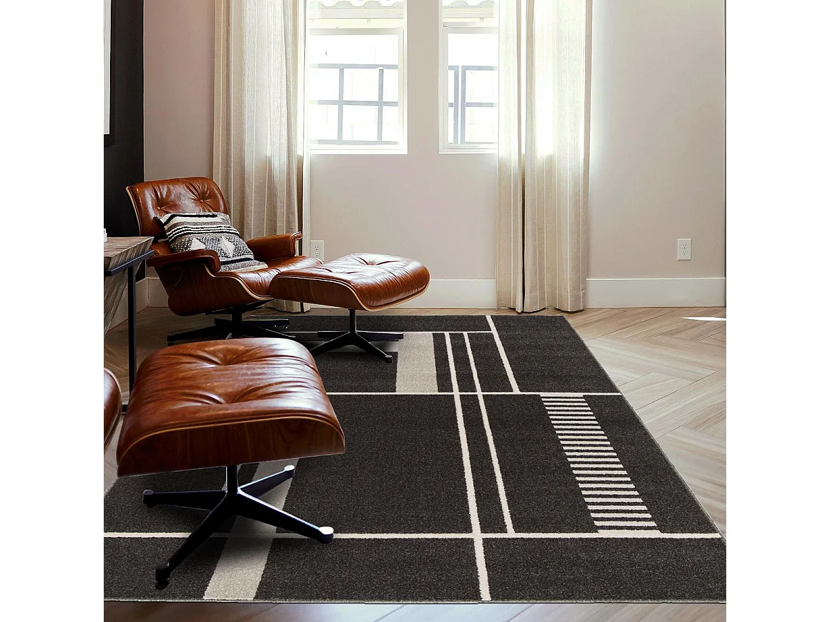 tapis salle à manger 160x230 tissé noir et beige rectangle motif géométrique