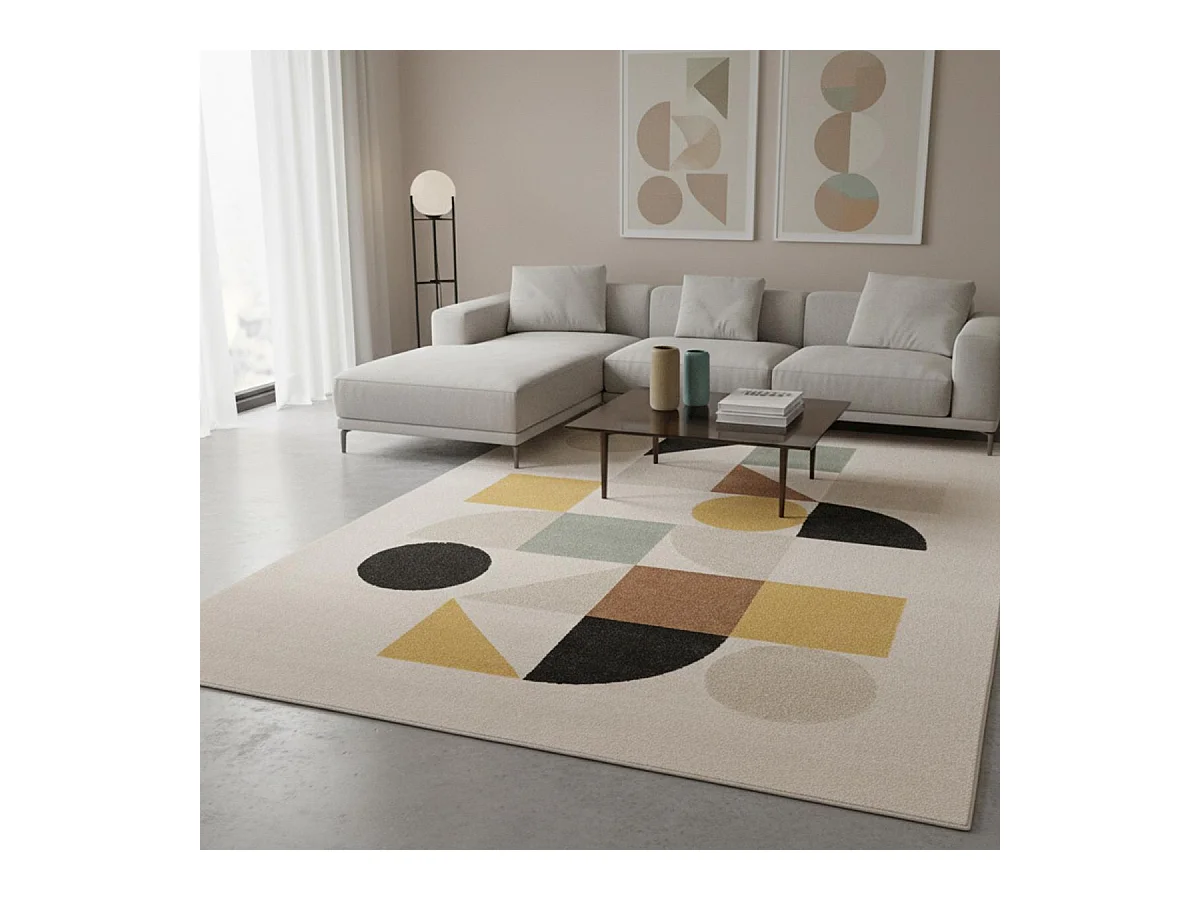 tapis salon 160x230 tissé beige et jaune rectangle motif géométrique CONTEMULTI