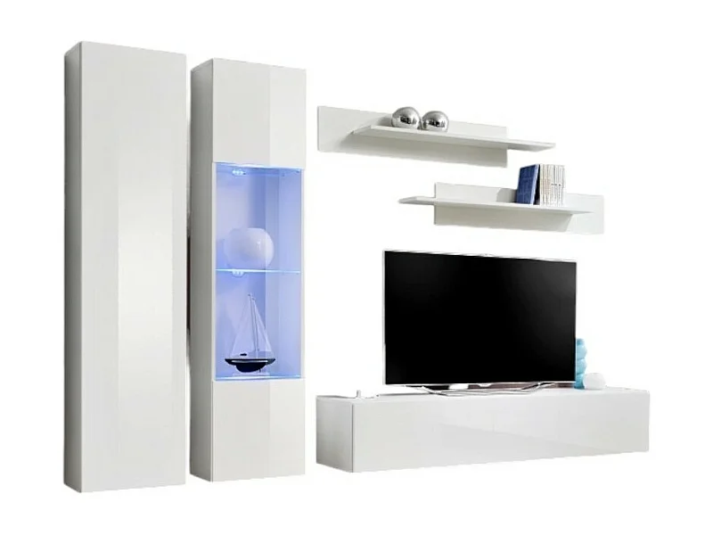 Mueble para TV FLY A5 diseño, color blanco brillante + LED. Mueble colgante moderno y a la moda para tu sala de estar.