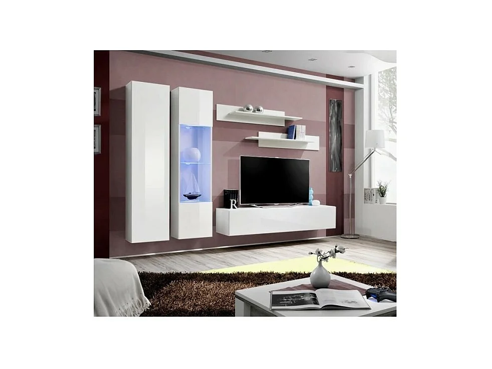 Mobile TV FLY A5 design, colore bianco lucido + LED. Mobile sospeso moderno e di tendenza per il tuo soggiorno.