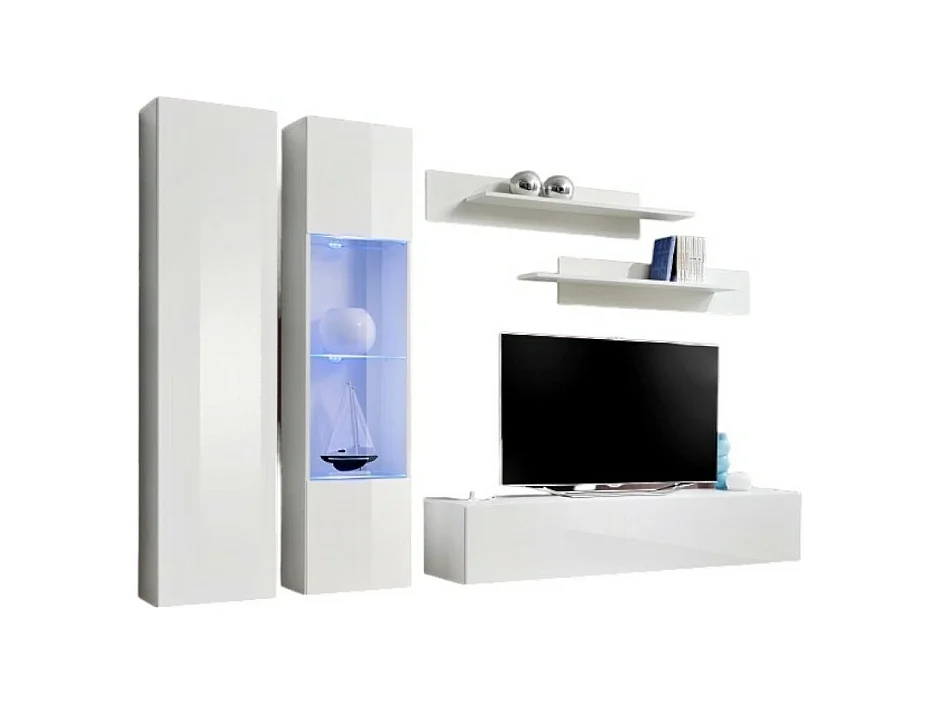 Meuble TV FLY A5 design, coloris blanc brillant + LED. Meuble suspendu moderne et tendance pour votre salon.