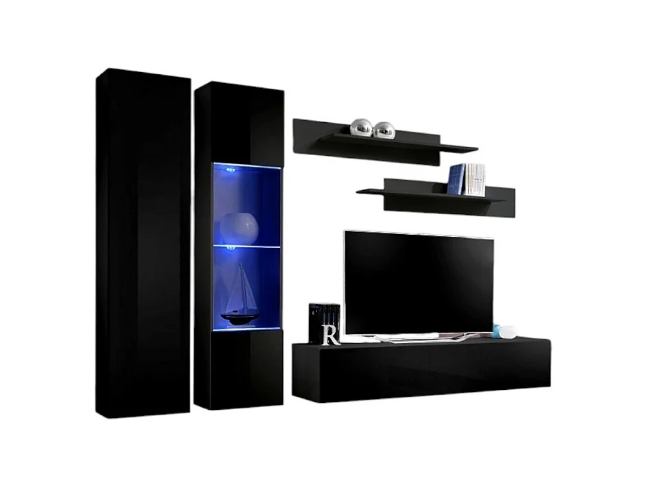 Meuble TV FLY A5 design, coloris noir brillant + LED. Meuble suspendu moderne et tendance pour votre salon.