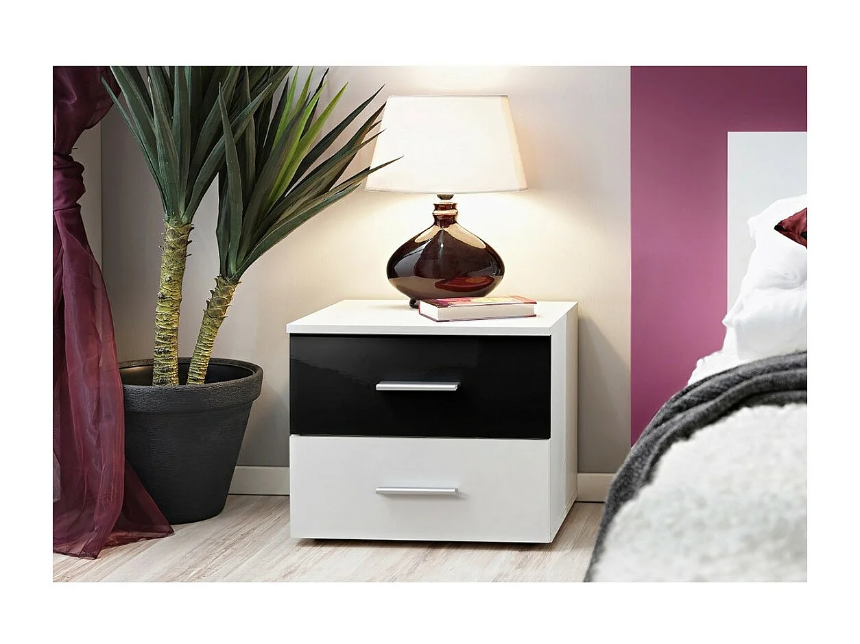 Table de chevet deux tiroirs, collection BALOS. Coloris blanc et noir.