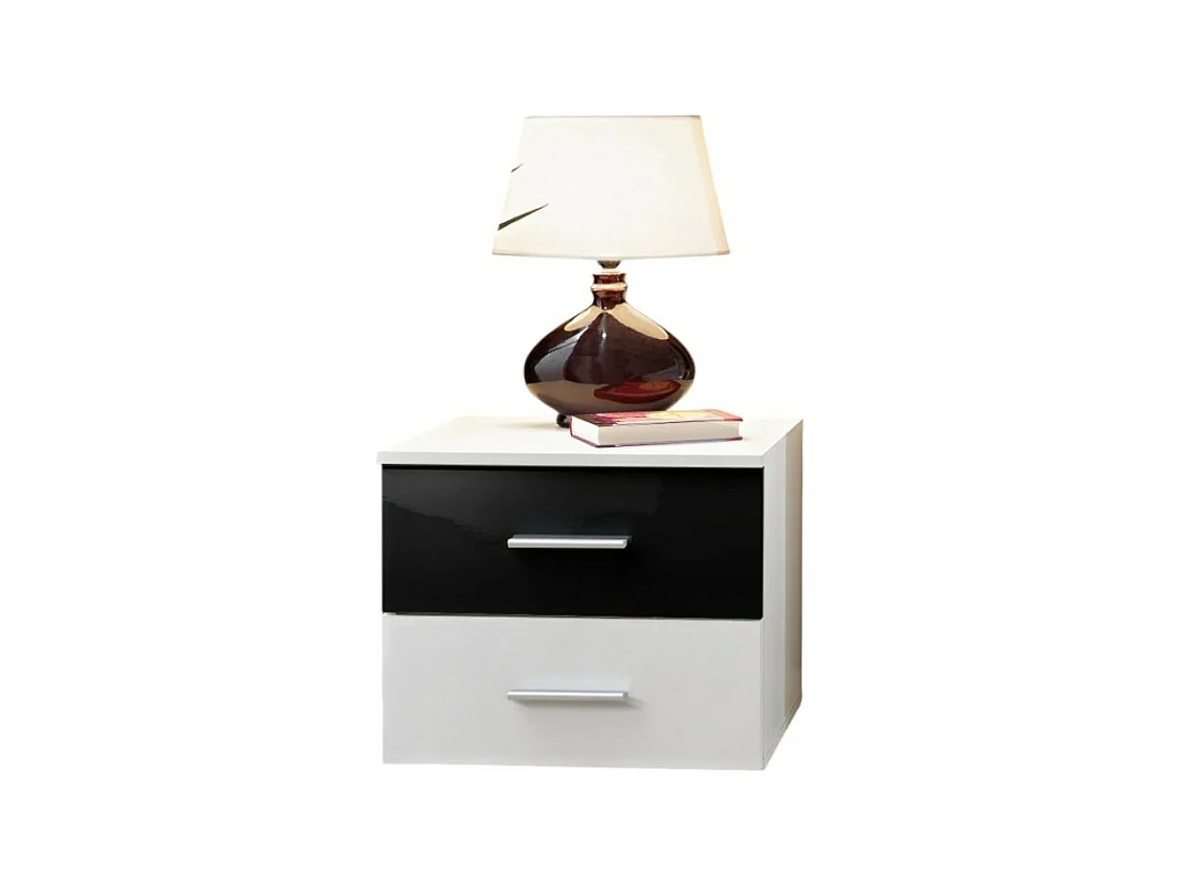 Table de chevet deux tiroirs, collection BALOS. Coloris blanc brillant et noir brillant.