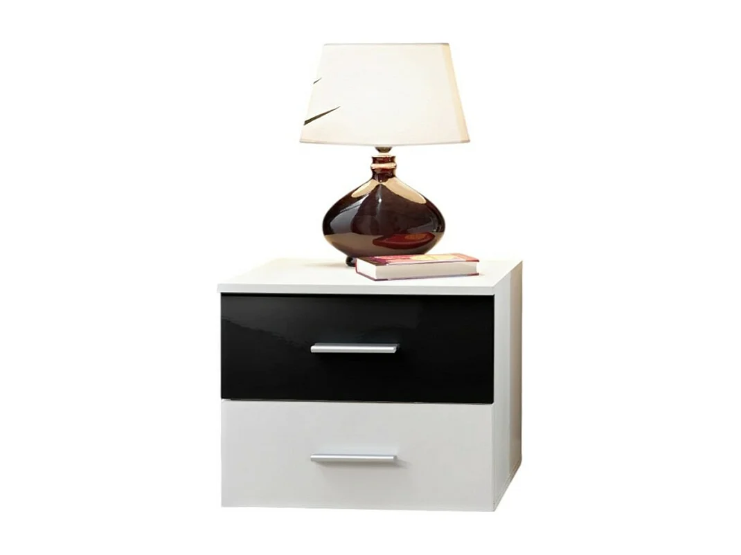 Table de chevet deux tiroirs, collection BALOS. Coloris blanc brillant et noir brillant.