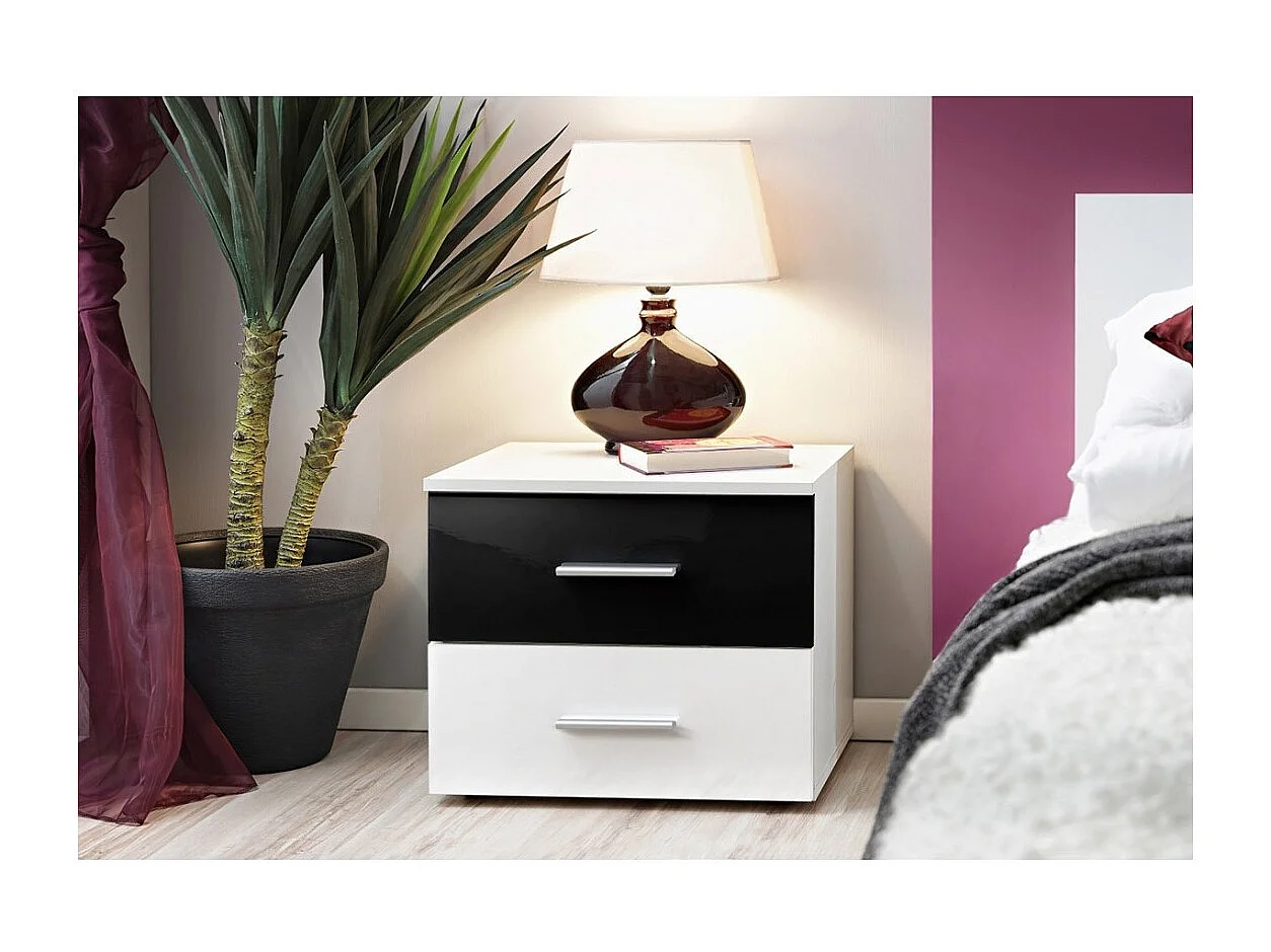 Table de chevet deux tiroirs, collection BALOS. Coloris blanc brillant et noir brillant.