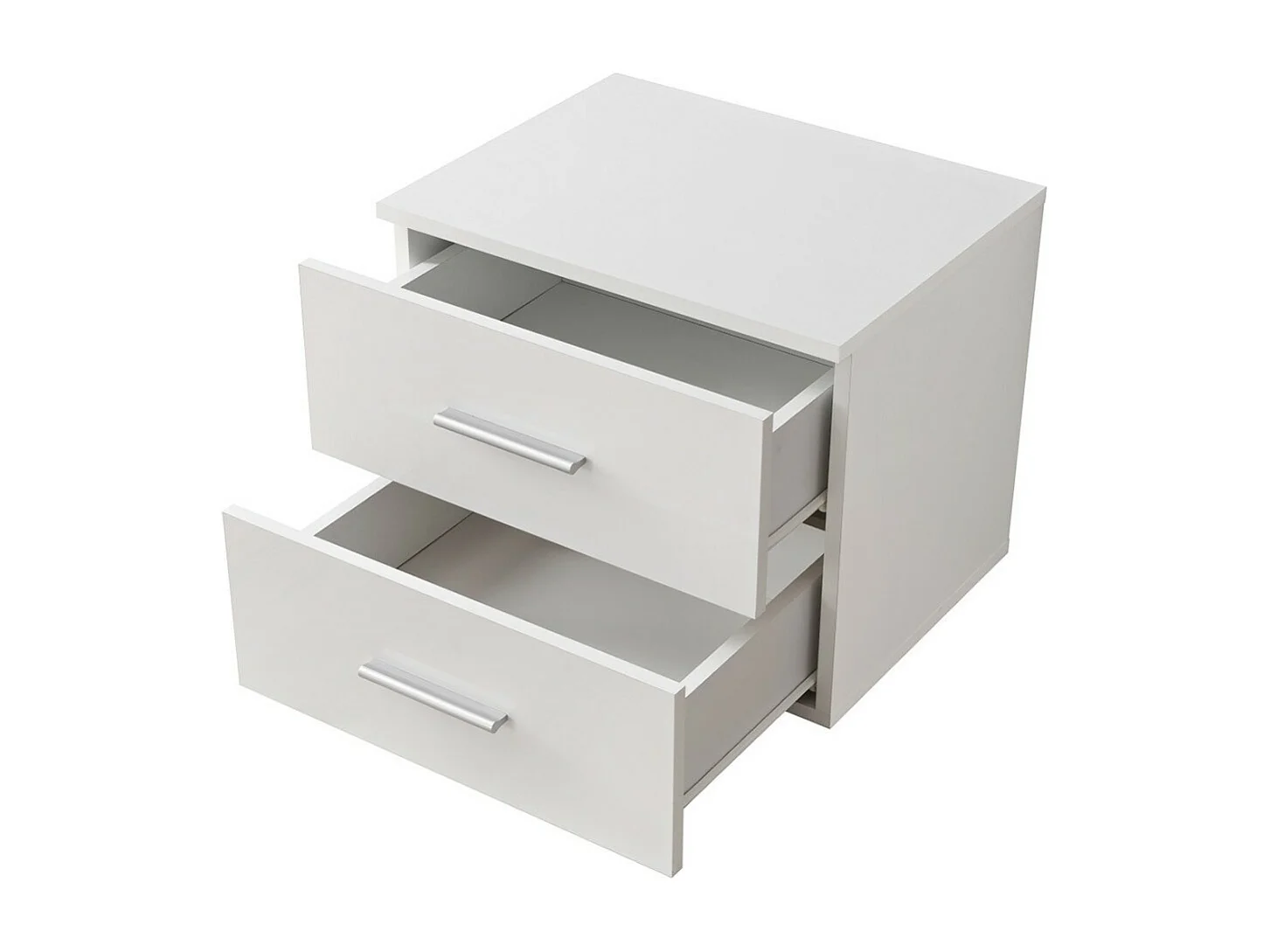 Table de chevet deux tiroirs, collection BALOS. Coloris blanc brillant et noir brillant.