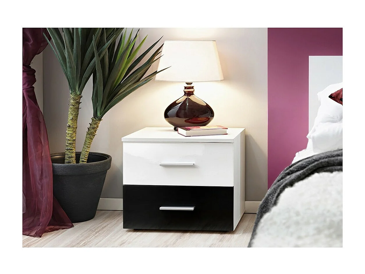 Table de chevet deux tiroirs, collection BALOS. Coloris blanc brillant et noir brillant.