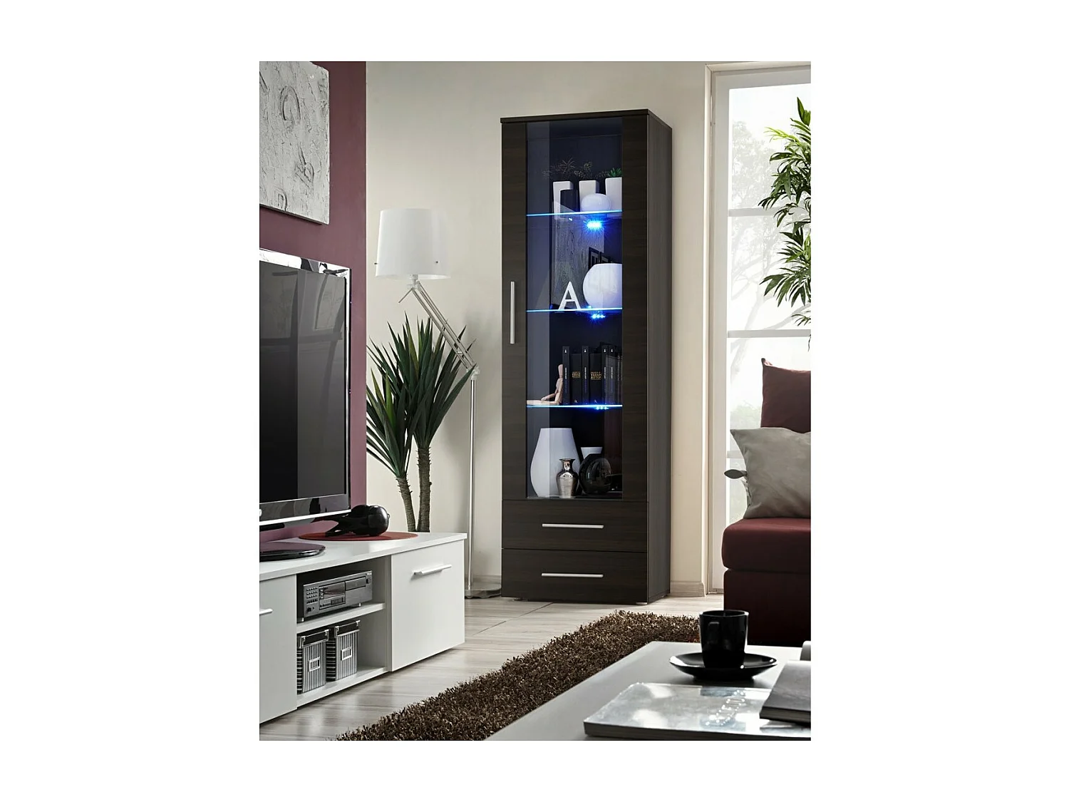 Vitrine NEO I design, coloris wengé + LED. Meuble moderne et tendance pour votre salon.