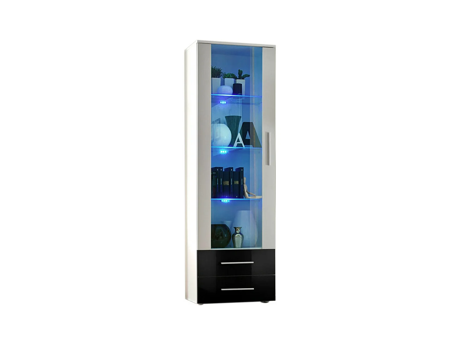 Vitrine NEO I design, coloris blanc et blanc brillant, tiroirs noirs brillants + LED.