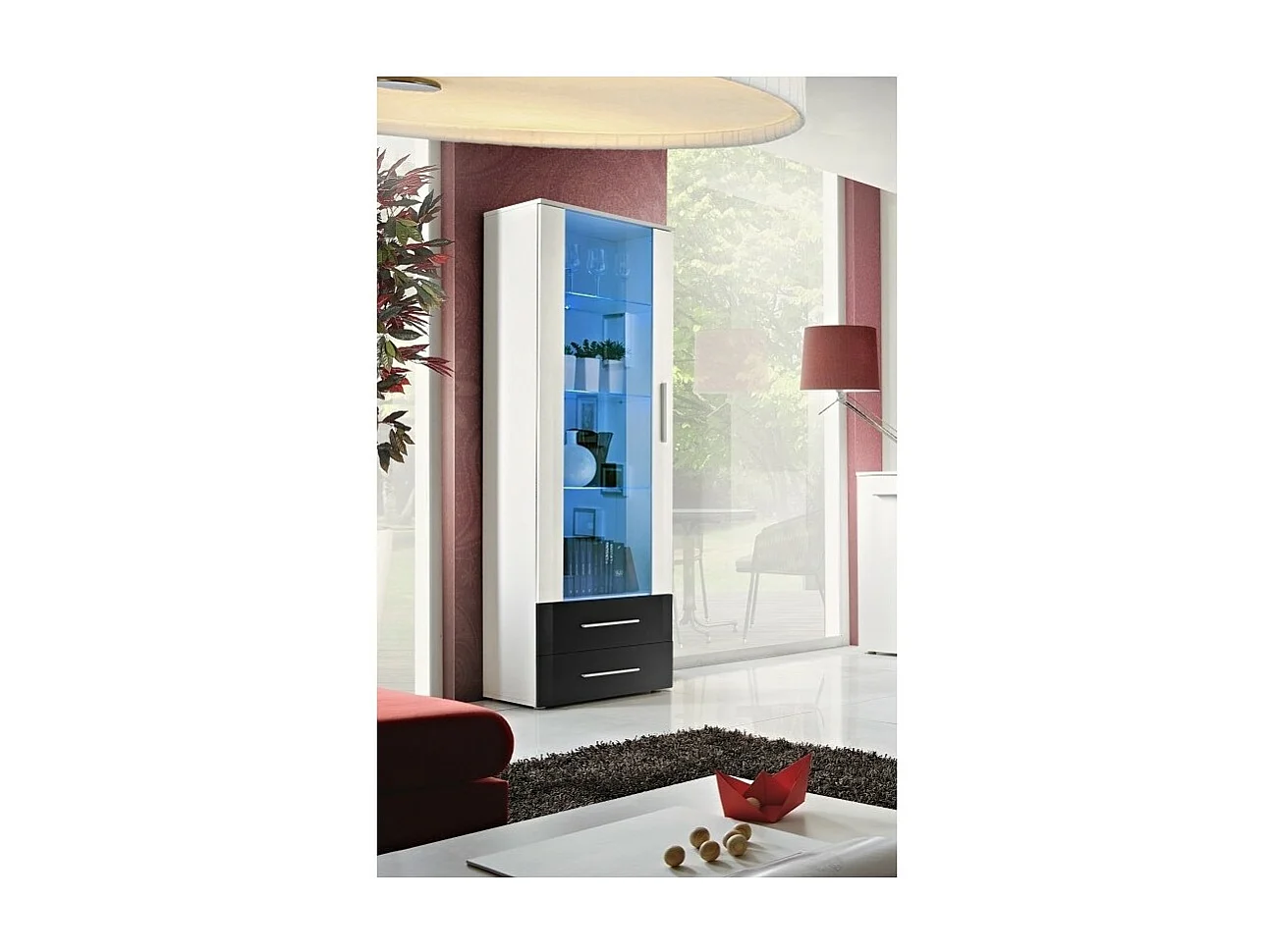 Vitrine NEO I design, coloris blanc et blanc brillant, tiroirs noirs brillants + LED.