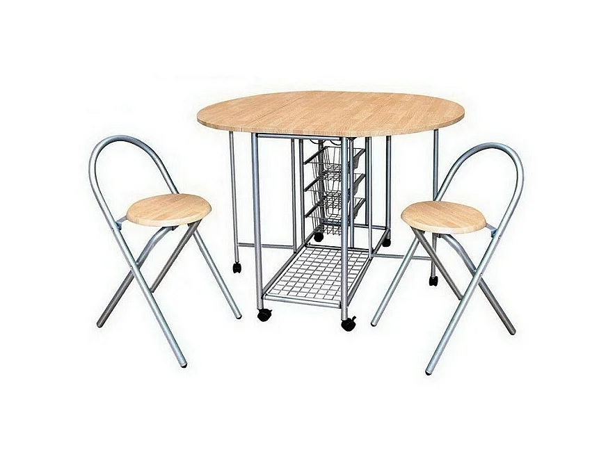 Ensemble pliable table ronde et deux chaises. Collection BETA. Idéal pour les petits espaces.