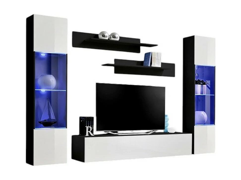 Meuble TV FLY A3 design, coloris noir et blanc brillant + LED. Meuble suspendu moderne et tendance pour votre salon