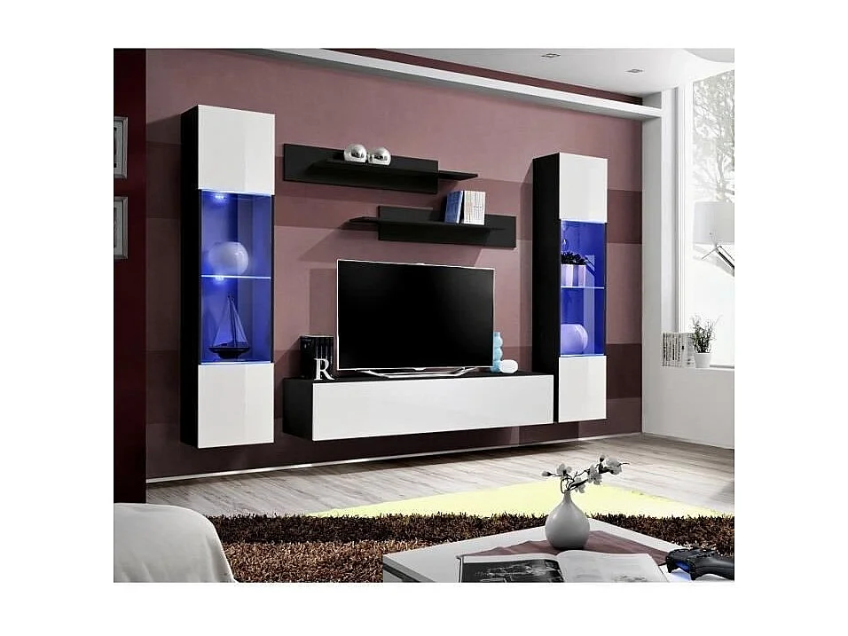 Meuble TV FLY A3 design, coloris noir et blanc brillant + LED. Meuble suspendu moderne et tendance pour votre salon