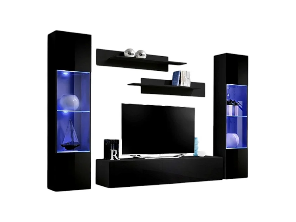 Meuble TV FLY A3 design, coloris noir brillant + LED. Meuble suspendu moderne et tendance pour votre salon.