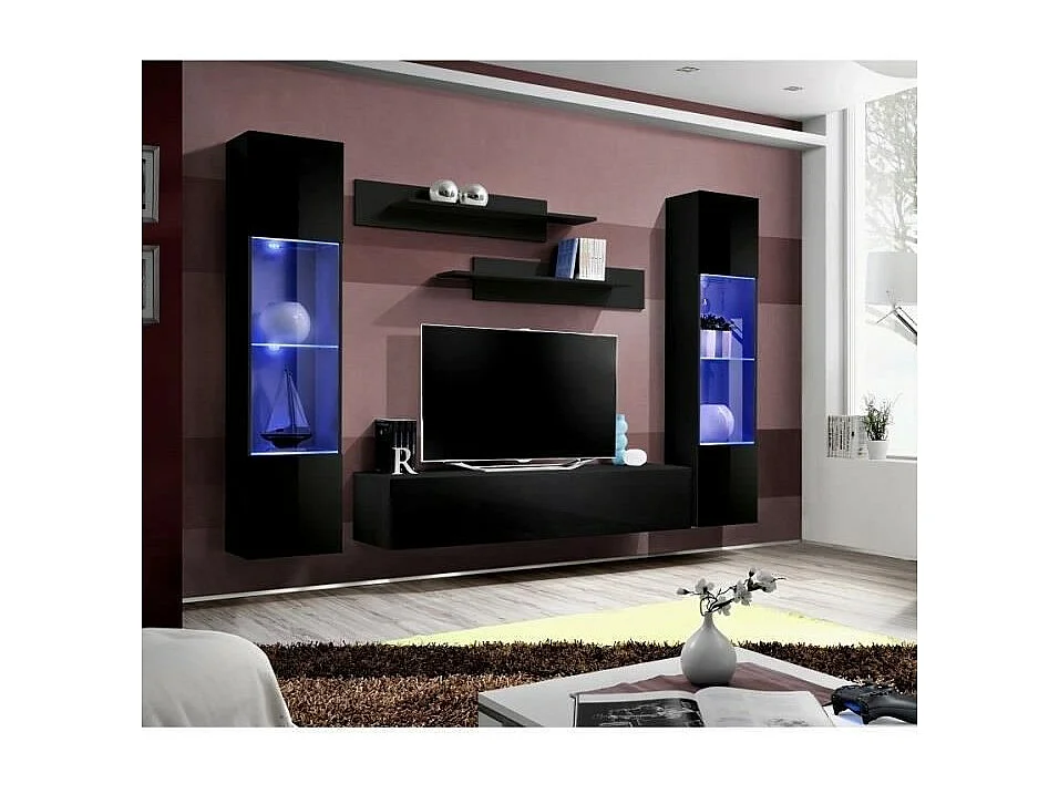 Meuble TV FLY A3 design, coloris noir brillant + LED. Meuble suspendu moderne et tendance pour votre salon.