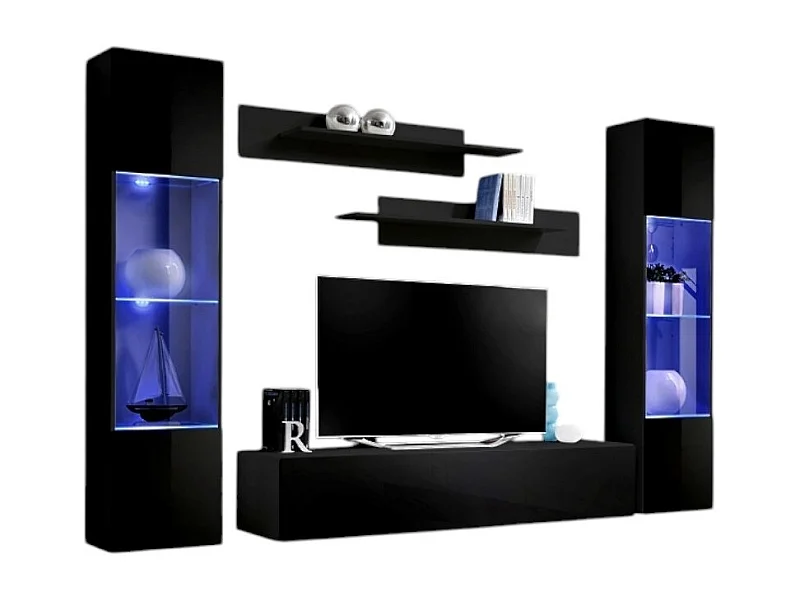 Meuble TV FLY A3 design, coloris noir brillant + LED. Meuble suspendu moderne et tendance pour votre salon.