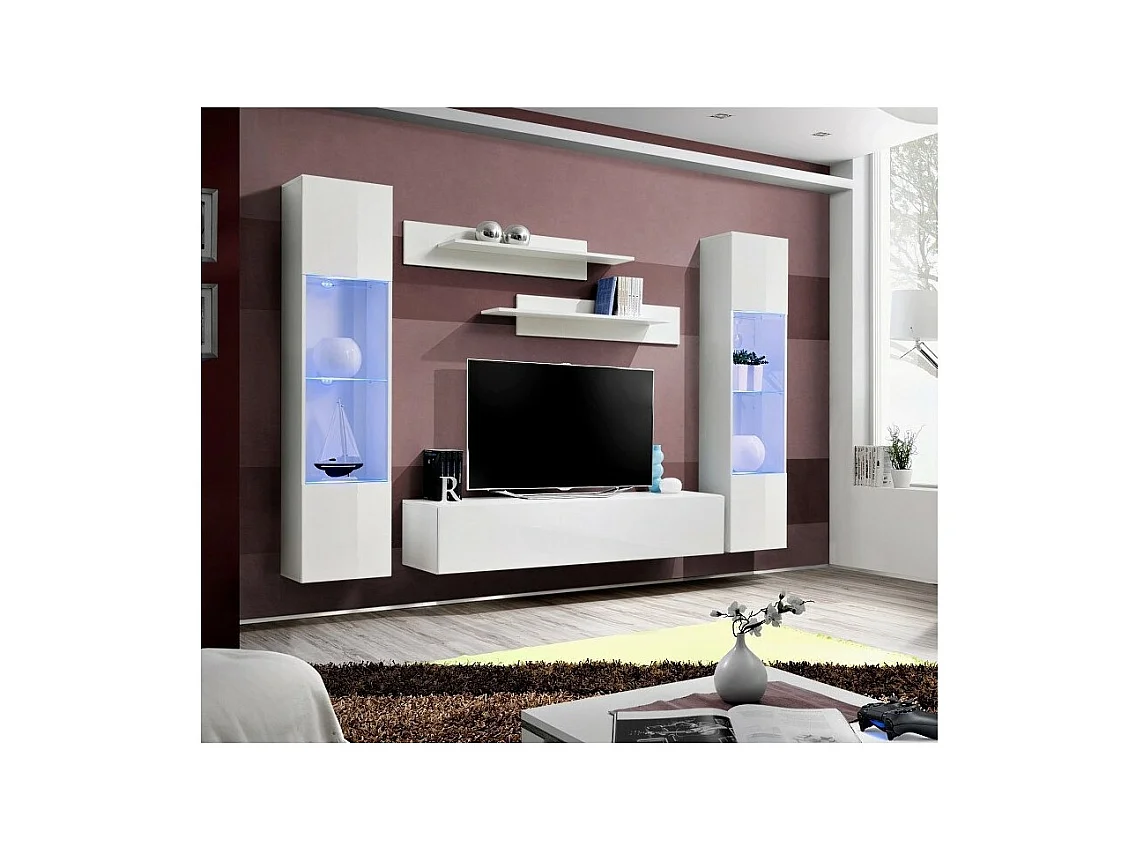 TV-Möbel FLY A3 Design, in glänzendem Weiß + LED. Modernes und trendiges hängendes Möbelstück für Ihr Wohnzimmer.