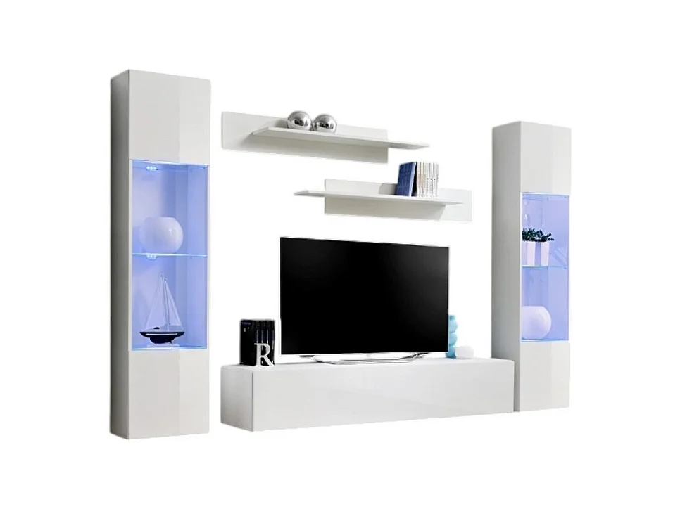 Meuble TV FLY A3 design, coloris blanc brillant + LED. Meuble suspendu moderne et tendance pour votre salon