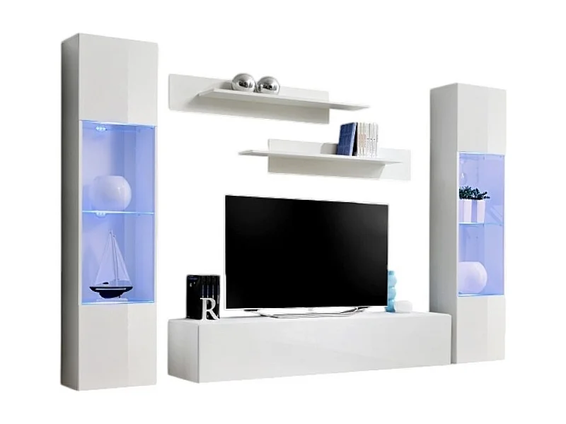Meuble TV FLY A3 design, coloris blanc brillant + LED. Meuble suspendu moderne et tendance pour votre salon