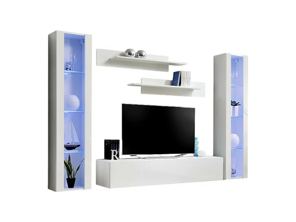 Mobile TV FLY A2 design, colore bianco lucido + LED. Mobile sospeso moderno e alla moda per il tuo soggiorno.