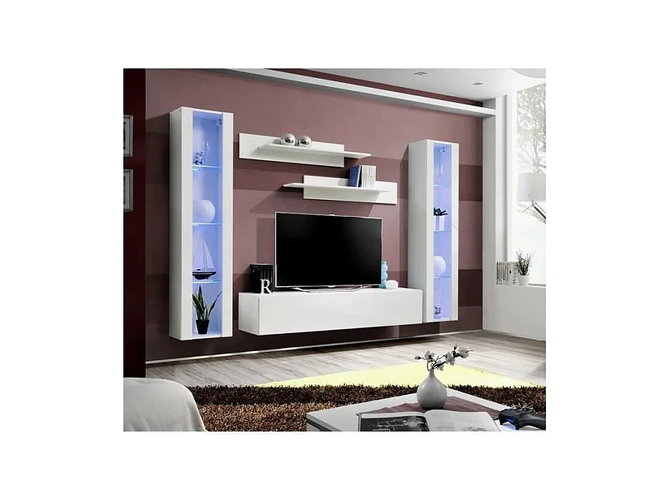 Mobile TV FLY A2 design, colore bianco lucido + LED. Mobile sospeso moderno e alla moda per il tuo soggiorno.
