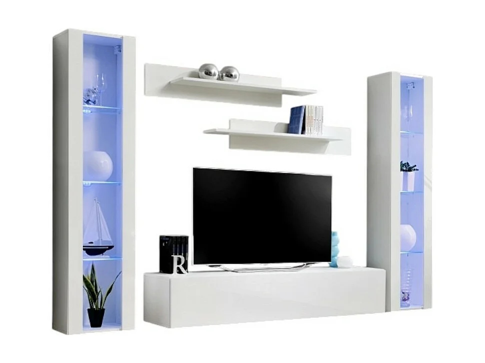 TV-meubel FLY A2 design, in glanzend wit + LED. Modern en trendy zwevend meubel voor uw woonkamer.