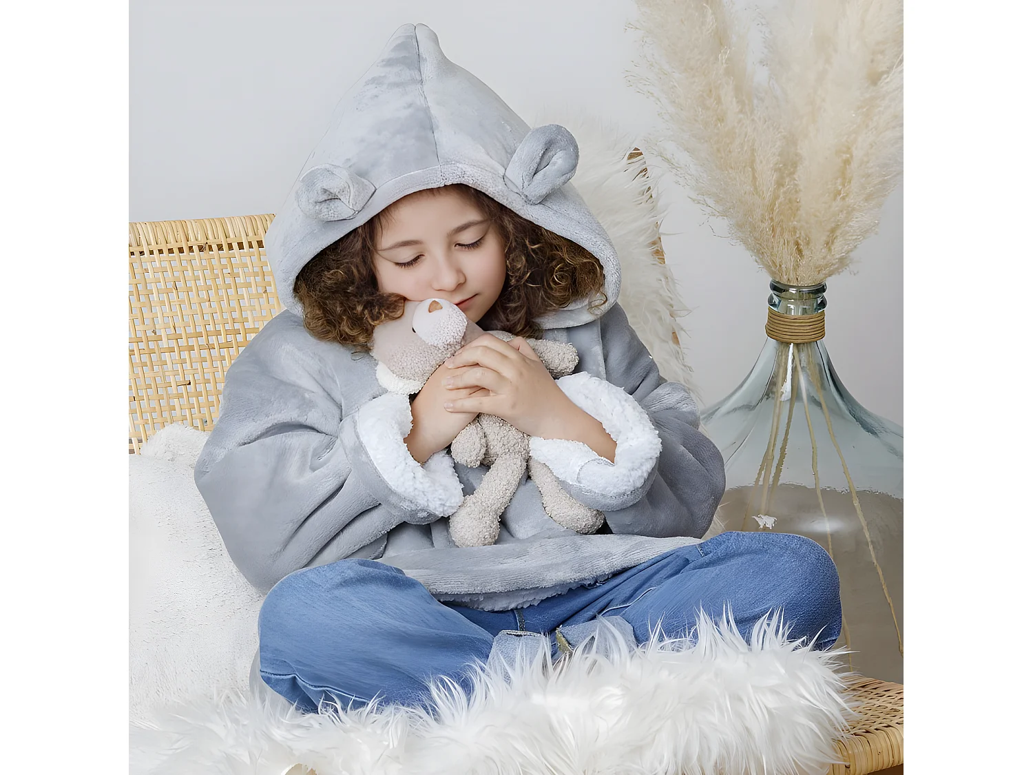 Plaid Sweat Capuche Enfant "Ours" 60x95cm Gris