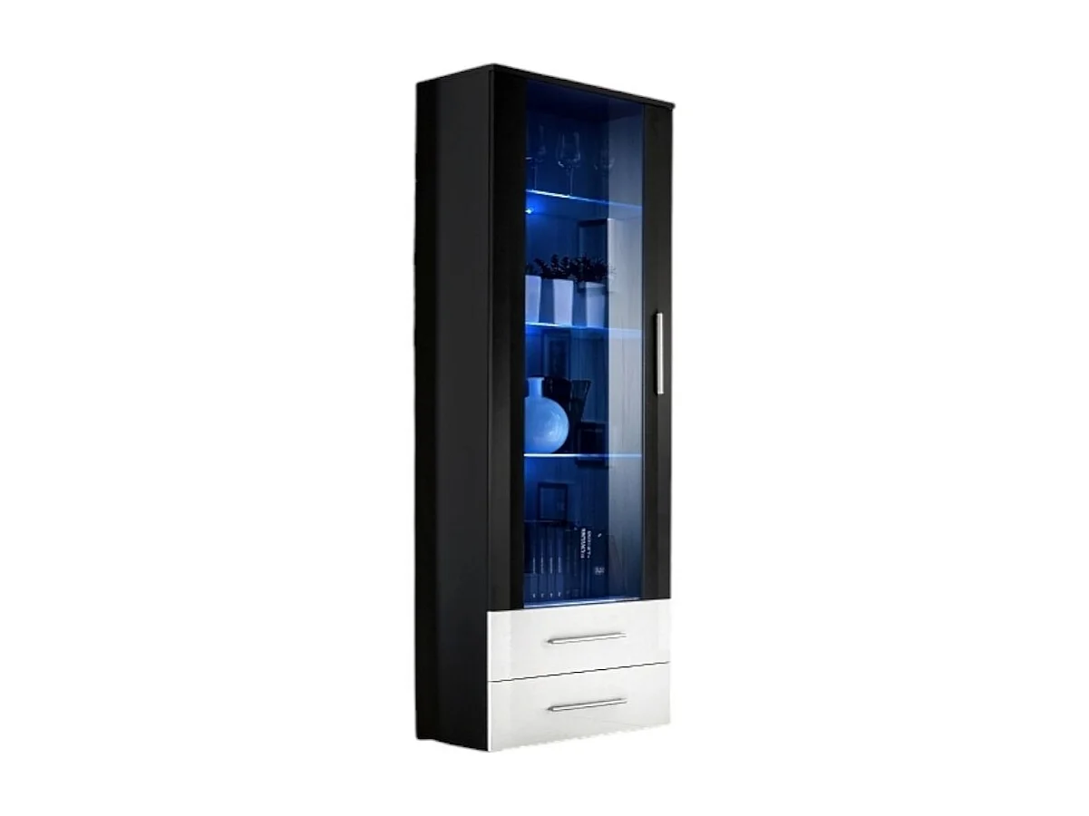 Vitrine NEO I design, coloris noir brillant, tiroirs blancs brillants + LED.