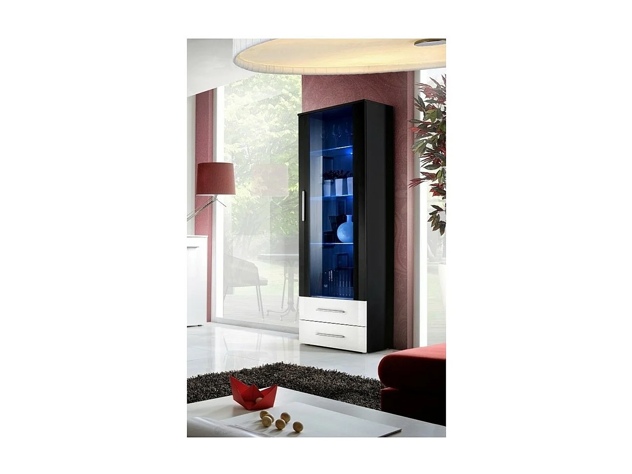 Vitrine NEO I design, coloris noir brillant, tiroirs blancs brillants + LED.