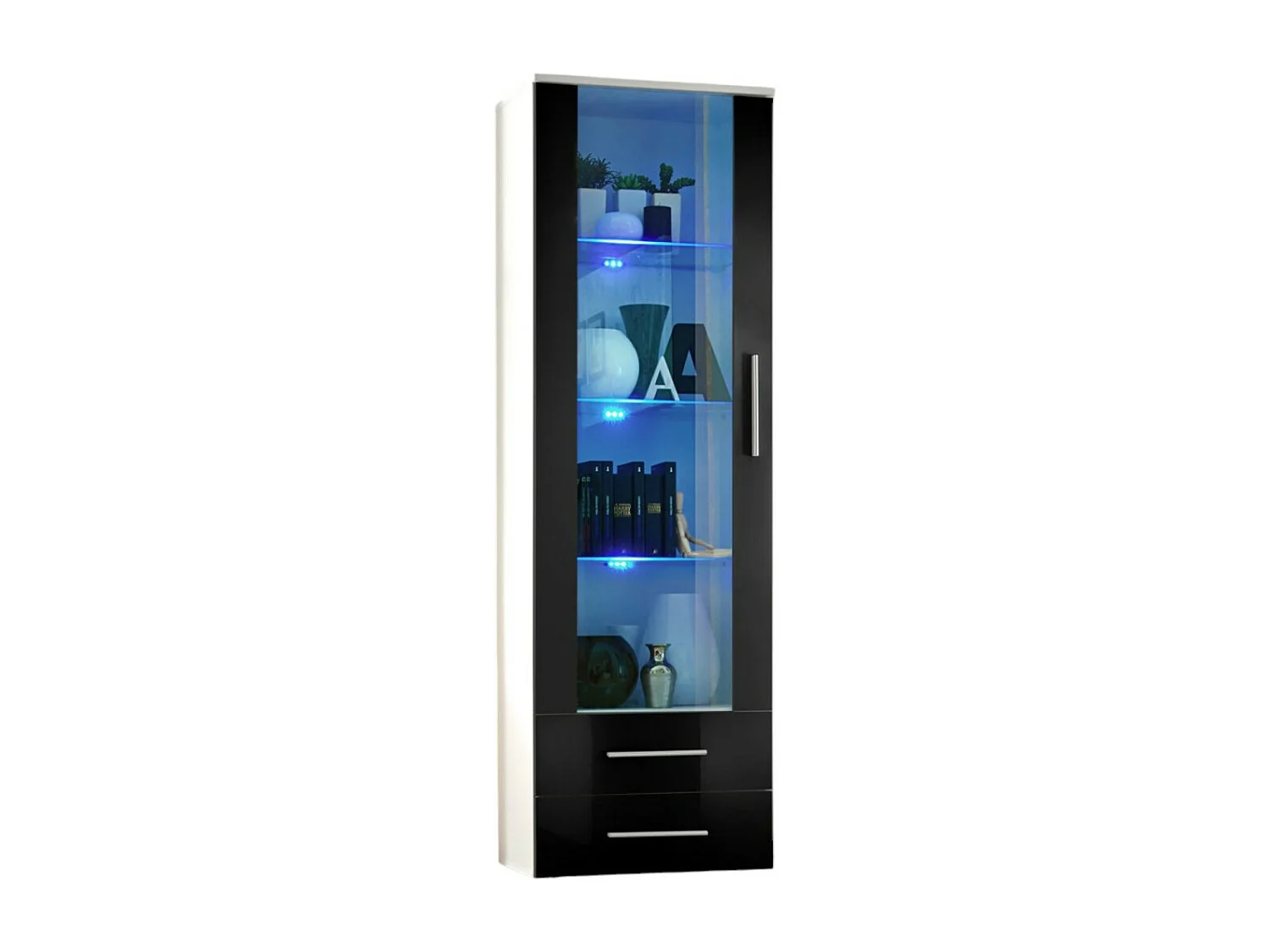 Vitrine NEO I design, coloris blanc et noir brillant + LED. Meuble moderne et tendance pour votre salon.