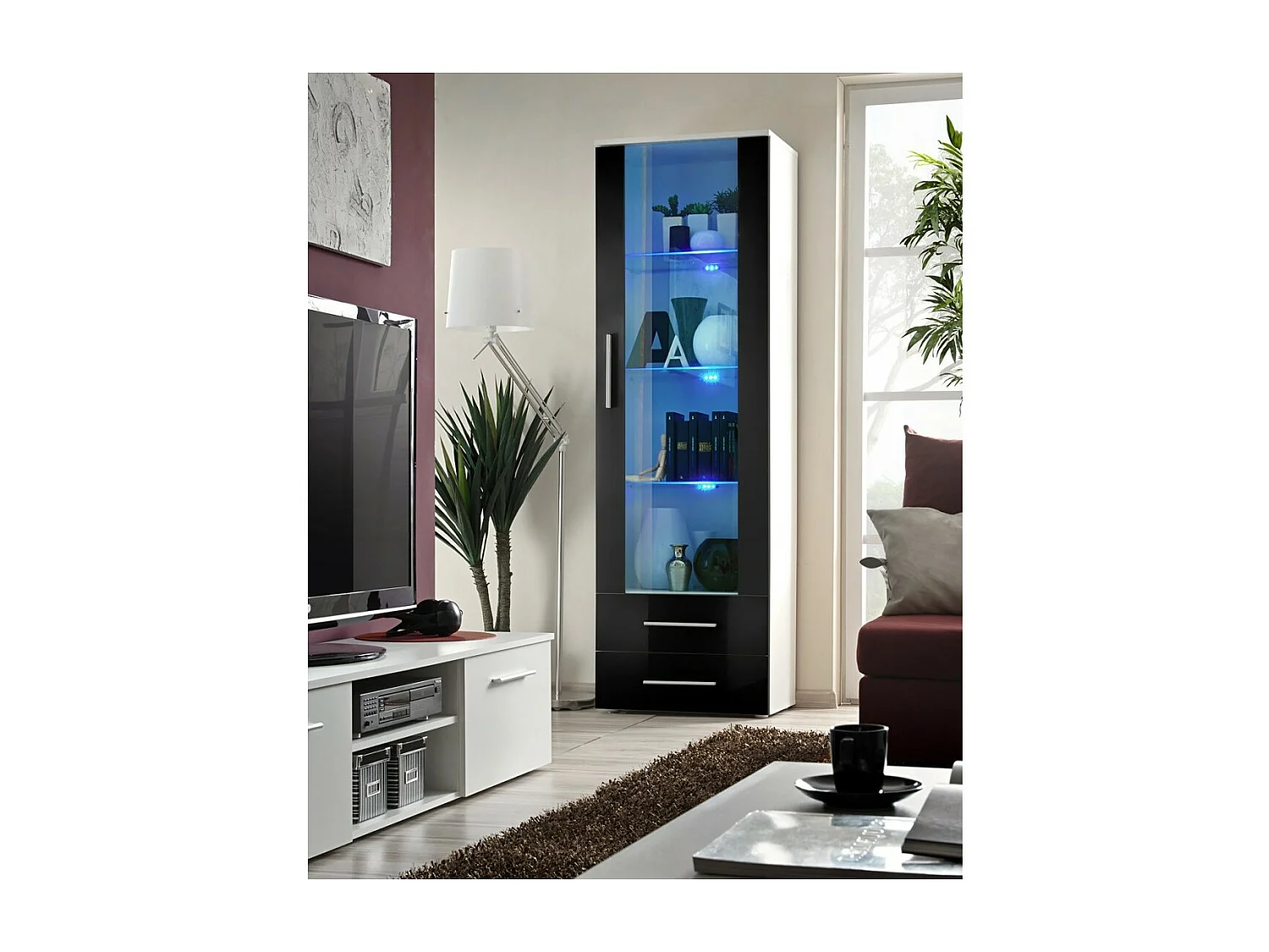 Vitrine NEO I design, coloris blanc et noir brillant + LED. Meuble moderne et tendance pour votre salon.