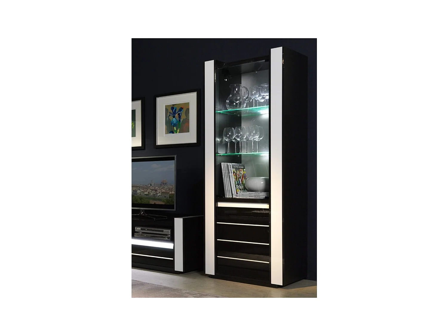 Vitrine pequeno modelo LINA preta e branca brilhante com LED