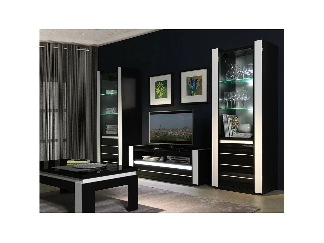 Vitrine pequeno modelo LINA preta e branca brilhante com LED