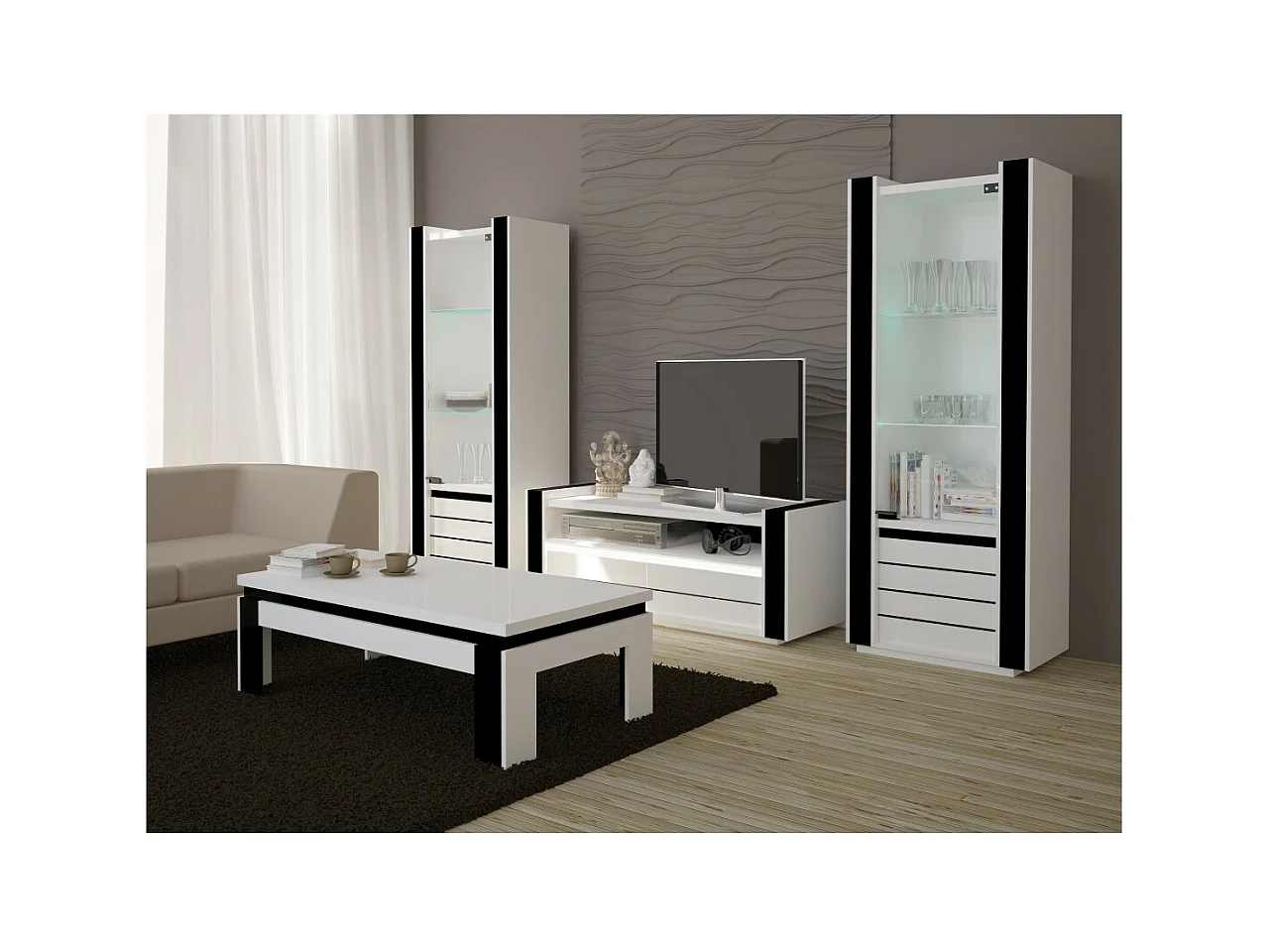 Vitrine pequeno modelo LINA branca e preta brilhante com LED