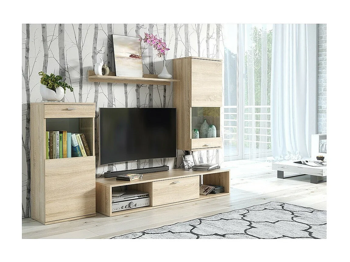 Ensemble meuble TV mural LEA design couleur chêne sonoma. Meuble de salon suspendu