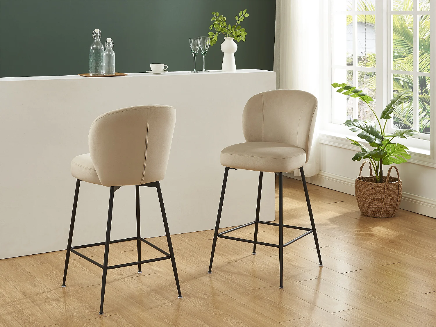 Lot de 2 tabourets de bar en velours et métal noir - Beige - POLPONA de  Pascal MORABITO