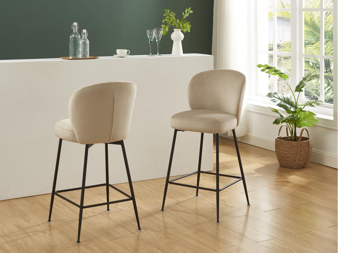 vente unique Lot de 2 tabourets de bar en velours et métal noir - Beige - POLPONA de Pascal MORABITO