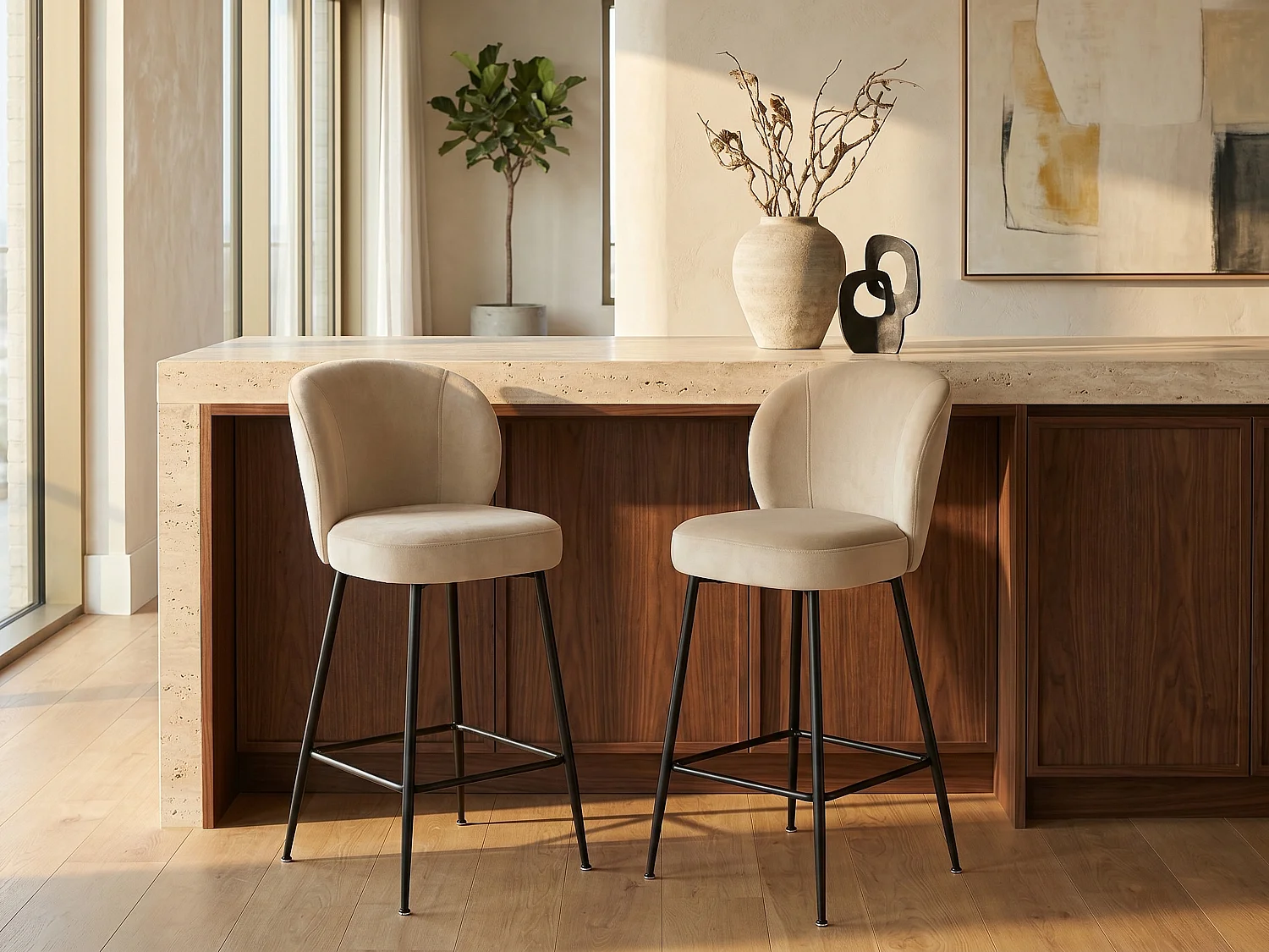 Set van 2 barkrukken van velours en zwart metaal - Beige - POLPONA