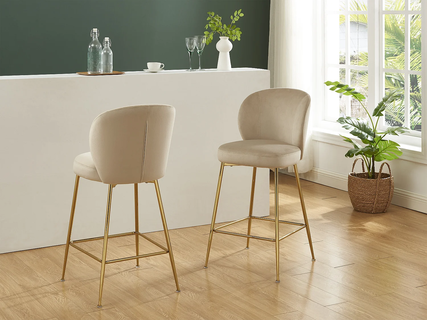 Lot de 2 tabourets de bar en velours et métal doré - Beige - POLPONA de Pascal MORABITO