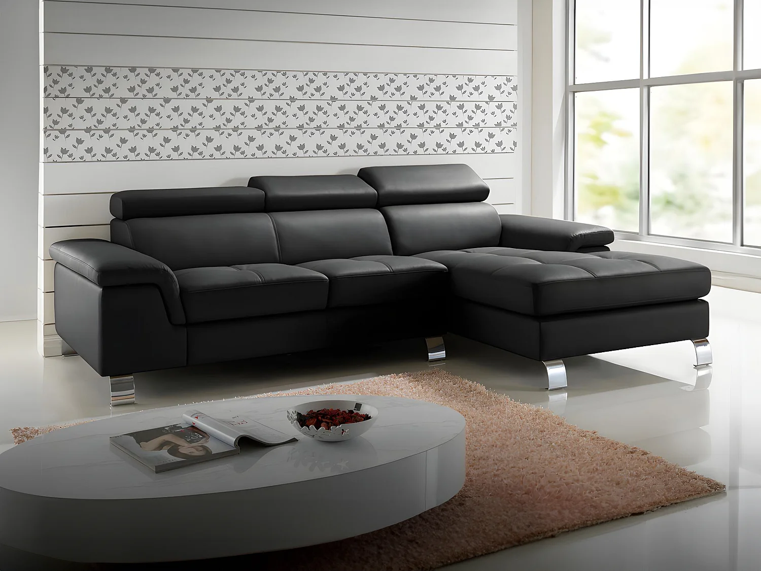 Ecksofa Leder - Ecke Rechts - Schwarz - MISHIMA
