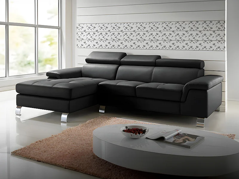 Ecksofa Leder - Ecke Links - Schwarz - MISHIMA